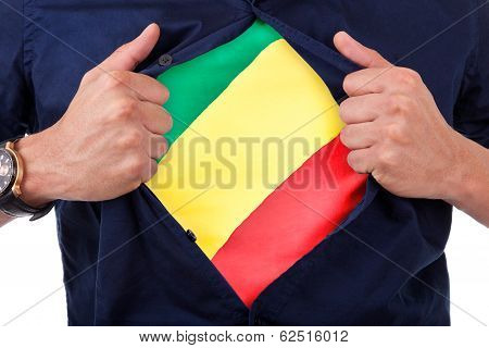 Young Sport Fan Opening His Shirt And Showing The Flag His Country Congo, Congolese Flag