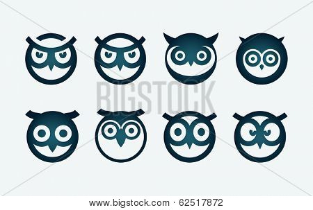Vector circle based owl head symbol set.