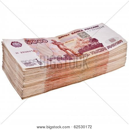 Heap of One Million  Banknotes Rubles of the Russian Federation - isolated on white background