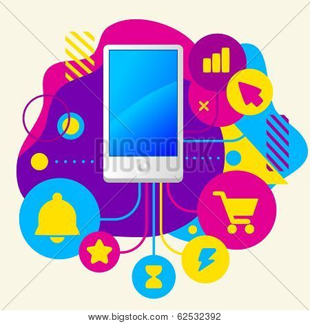 Mobile Phone On Abstract Colorful Spotted Background With Different Icons And Elements