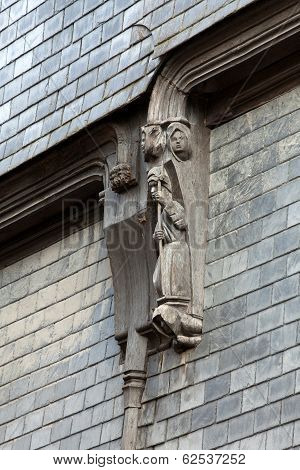 Wooden sculptures on the wall of the house. Tours Touraine France