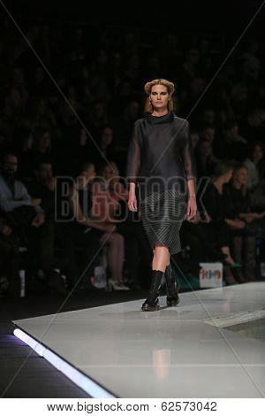 ZAGREB, CROATIA - MARCH 29: Fashion model wearing clothes designed by Branka Donassy on the 'Fashion.hr' show on March 29, 2014 in Zagreb, Croatia