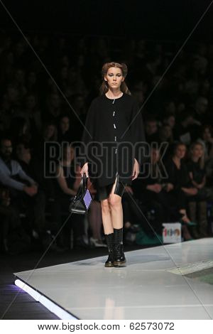 ZAGREB, CROATIA - MARCH 29: Fashion model wearing clothes designed by Branka Donassy on the 'Fashion.hr' show on March 29, 2014 in Zagreb, Croatia