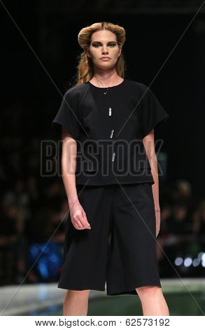 ZAGREB, CROATIA - MARCH 29: Fashion model wearing clothes designed by Branka Donassy on the 'Fashion.hr' show on March 29, 2014 in Zagreb, Croatia