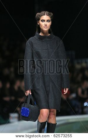 ZAGREB, CROATIA - MARCH 29: Fashion model wearing clothes designed by Branka Donassy on the 'Fashion.hr' show on March 29, 2014 in Zagreb, Croatia