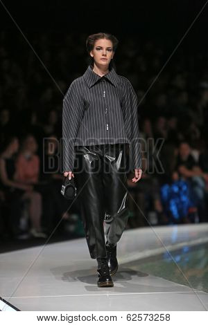 ZAGREB, CROATIA - MARCH 29: Fashion model wearing clothes designed by Branka Donassy on the 'Fashion.hr' show on March 29, 2014 in Zagreb, Croatia