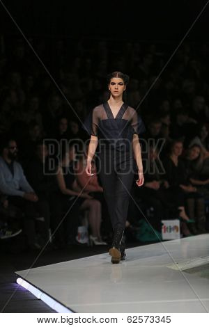ZAGREB, CROATIA - MARCH 29: Fashion model wearing clothes designed by Branka Donassy on the 'Fashion.hr' show on March 29, 2014 in Zagreb, Croatia