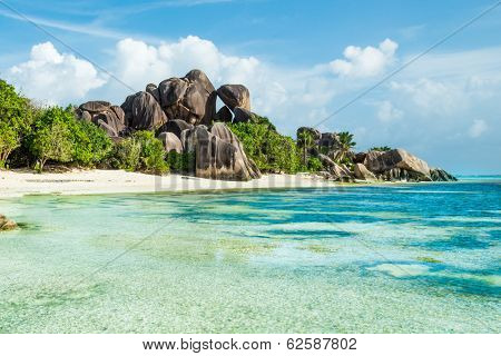 Anse Sous d'Argent beach with granite boulders and turquoise sea