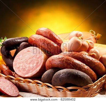 Variety of sausage products. Close-up shot.