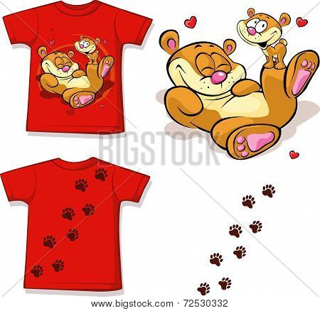 Kid Shirt With Cute Bear Printed - Isolated On White, Back And Front View