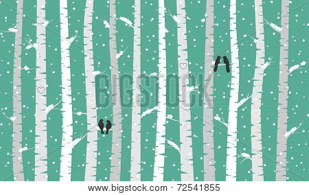 Vector Birch or Aspen Trees with Snow and Love Birds