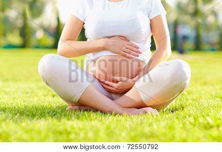 Belly Of Pregnant Woman In Summer Park