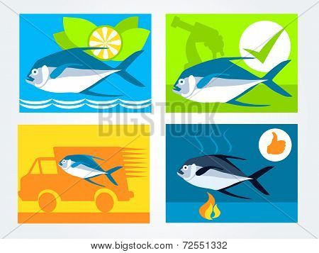 Icons Set For The Website Fresh Fish Delivery Seller's And Fish Cooking Place