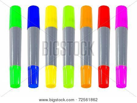 Colorful Pens Lined Up Side By Side. In High Resolution And Isolated Background