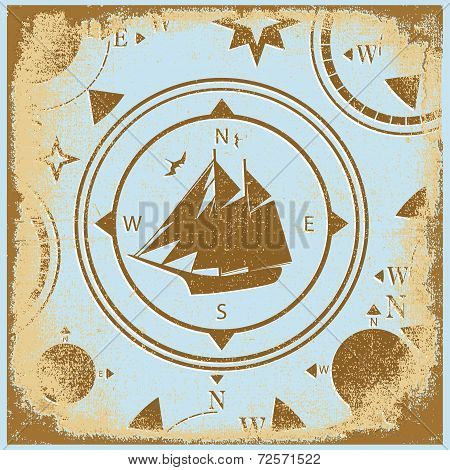 Ship Retro Shabby Paper Compasses Stylized Silhouette
