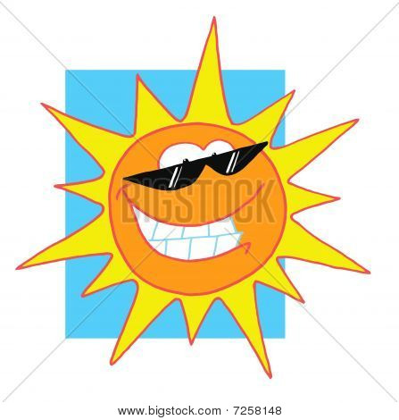 Sorrindo sol vestindo máscaras, brilhando em um céu azul