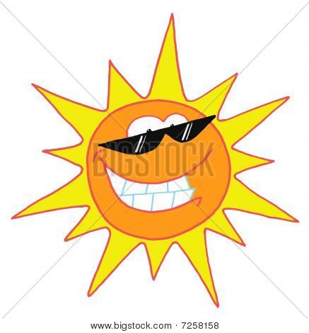 Fresco e brilhante personagem sol vestindo máscaras e sorrindo