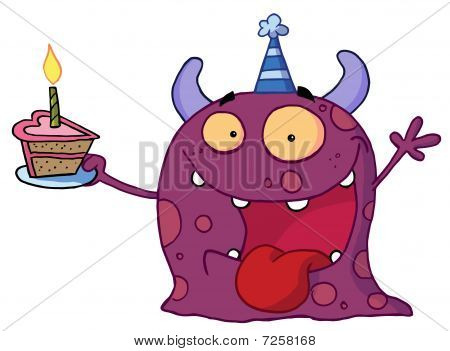 Avistou o monstro roxo aniversário vestindo um chapéu de festa e segurando uma fatia de bolo