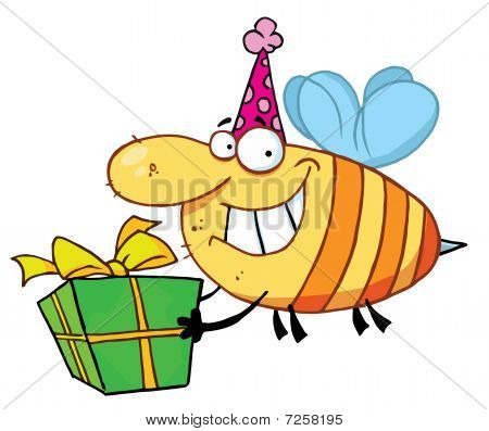Feliz aniversário abelha vestindo um chapéu de festa e voar com um presente