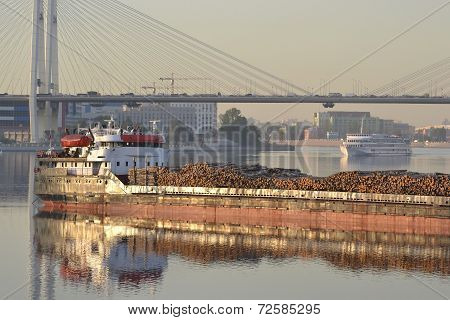 Cargo Ship And Cable-braced Bridge