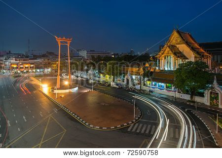 The Giant Swing And Suthat Temple At Twilight Time, Bangkok, Thailand