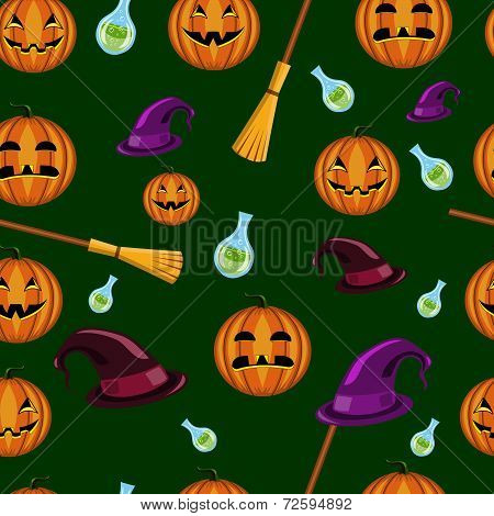 Halloween Seamless Pattern With Pumpkins, Witches Hats And Brooms