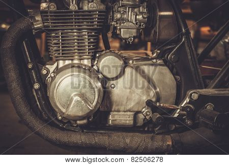 Close-up of a cafe-racer motorcycle engine 