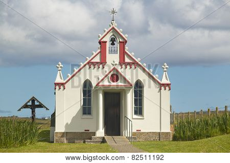 Lamb Holm Chapel Facade In Orkney. Scotland. Uk