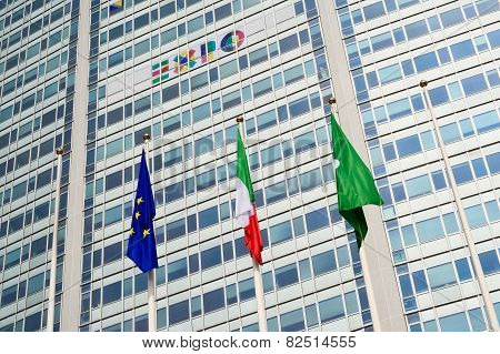 MILAN, ITALY, FEBRUARY 12 2015: Pirelli skyscraper promotion for expo 2015