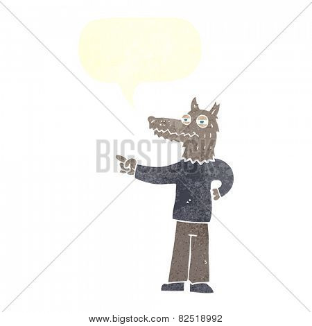 cartoon pointing wolf man with speech bubble