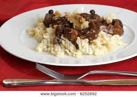 Home Made Spaetzle And Organic Deer Goulash