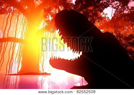 Aligators in Mysterious Fantasy Deep Jungle in Water in the Sunset Sunrise