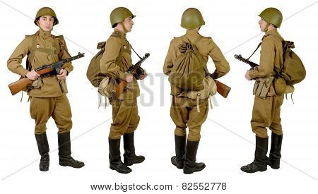 Soviet Soldier In Wwii, Front, Profile And Back