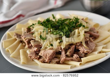 Traditional dish of Turkic people in Central Asia Beshbarmak