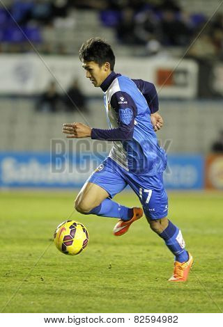 BARCELONA - FEB, 1: Sotan Tanabe of CE Sabadell in action during a Spanish League match against FC Barcelona B at the Nova Creu Alta on February 1, 2015 in Sabadell, Spain