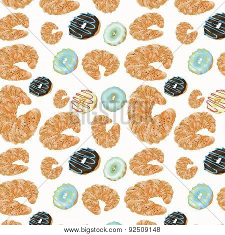fresh baked croissants and sweet donuts on a colored background