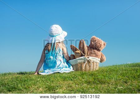 Girl On Green Grass With Teddy Bear In Basket