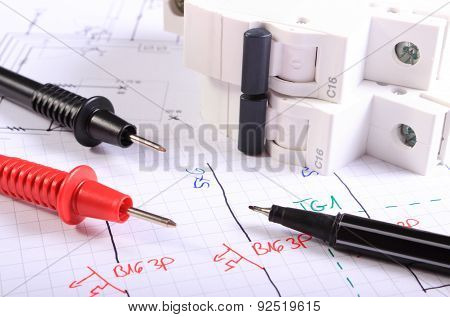 Cables Of Multimeter Pen And Electric Fuse On Electrical Drawing