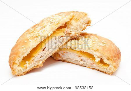 Cut Fresh Puff Pastry With Chicken Isolated