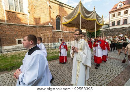 KRAKOW, POLAND - JUN 4, 2015: During the celebration the Feast of Corpus Christi (Body of Christ) also known as Corpus Domini, is a Latin Rite celebrating belief in the body and blood of Jesus Christ.