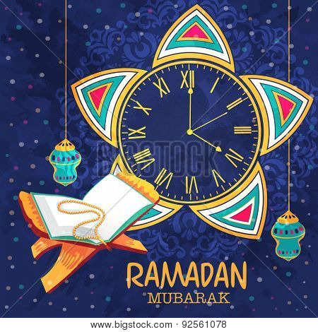 Creative clock indicating time of prayers with hanging lanterns, open Quaran Shareef and rosary on beautiful floral pattern decorated blue background for Ramadan Mubarak celebration.
