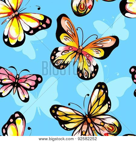 Flying watercolor butterfly seamless pattern. Vector background.