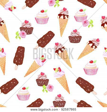 Choc-ice, Icecream Cone, Cupcakes Watercolor Seamless Vector Pattern