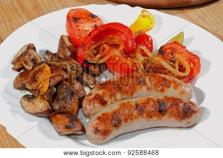 Grilled Sausages, Mushrooms, Tomatoes, Peppers