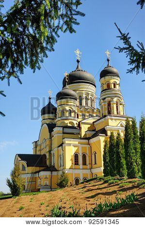 Large Christian Orthodox Church at the top of hill in Hancu Monastery, Republic of Moldova