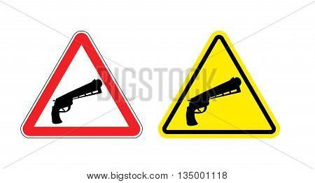 Warning Sign Of Attention Weapon. Dangers Yellow Sign Gun. Magnum On Red Triangle. Set Of Road Signs