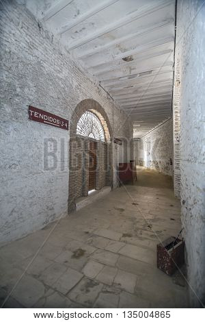 Cabra Spain - September 5 2010: Interior of bullring of Cabra is based on a popular architecture being built with masonry brick and wood debuted as a bullfighter on April 16 1933 Sunday of resurrection the Bullfighter Manuel Rodríguez 