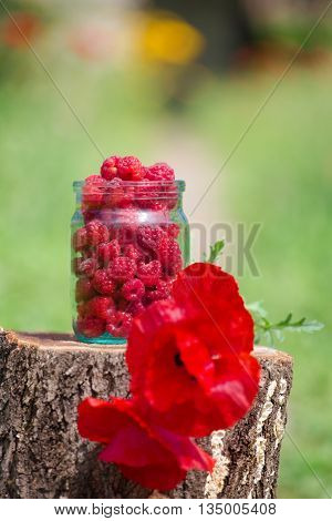 Frash Raspbery In A Glass Jar Stay On The Stump With The Poppies