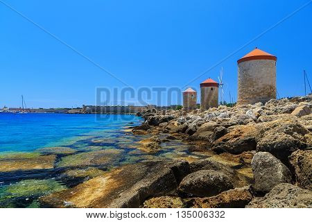 Mandraki Harbour windmills on the Island of Rhodes Greece