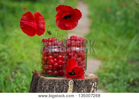 frash raspbery and cherry in a glass jar stay on the stump with the poppies